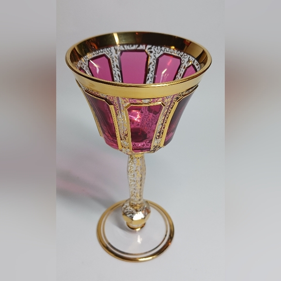 Vintage Moser Gilt Cranberry Panel Bohemian Cabochon Wine Glass 5.75" H - Picture 2 of 7